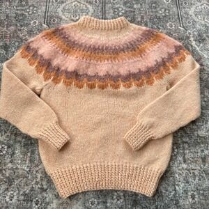 Hand Knit Fair Isle Yoke Sweater Fuzzy  Blend Peach Neutral Earth Tones size M